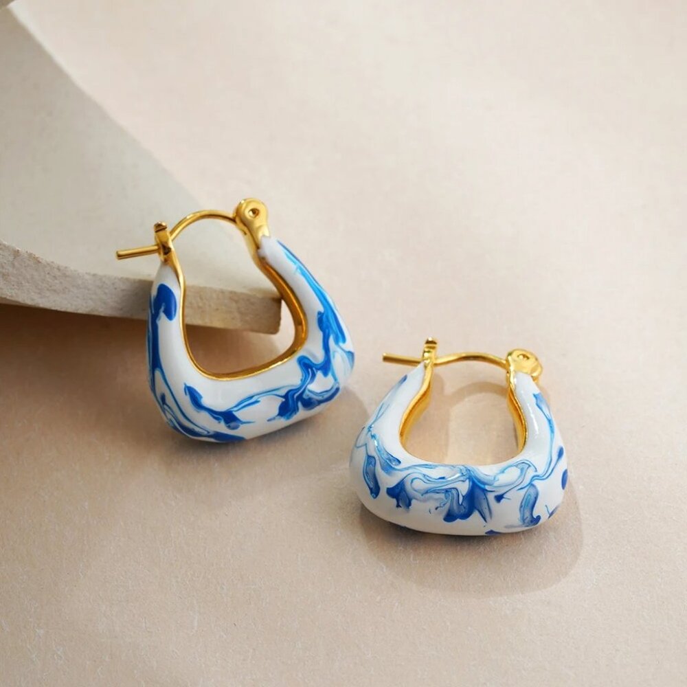 Vintage White & Blue Flower Enamel Beads Hoop Earrings for Women Gold Plated